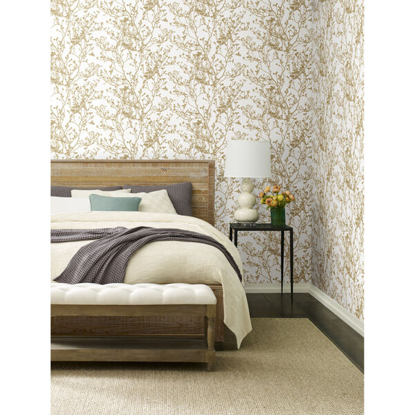 Ronald Redding Handcrafted Naturals White and Gold Budding Branch Silhouette Wallpaper, image 1