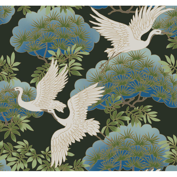 Ronald Redding Tea Garden Black Sprig and Heron Wallpaper, image 2