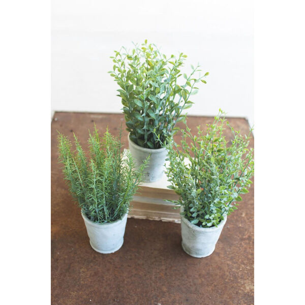 Green Artificial Herb in Cement Pot, Set of Three, image 1
