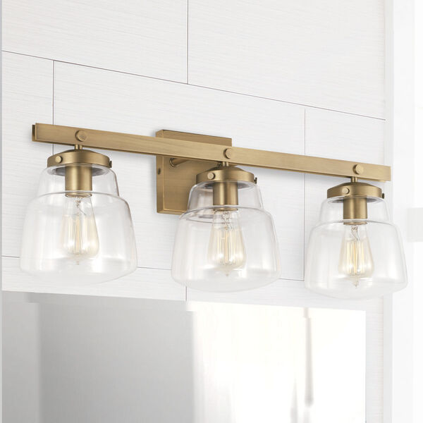 Dillon Aged Brass Three-Light Bath Vanity with Clear Glass Shades, image 3