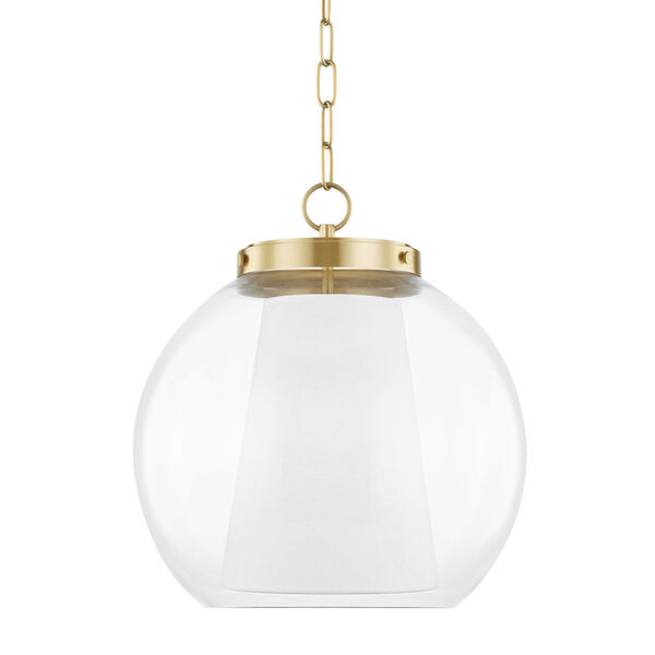 Sasha Aged Brass 17-Inch LED Globe Pendant with Belgian Linen Inner Shade, image 1