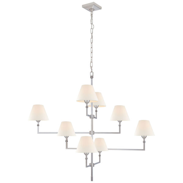 Jane Large Offset Chandelier in Polished Nickel with Linen Shades by Alexa Hampton, image 1