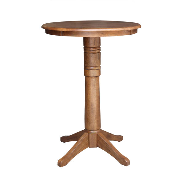 Distressed Oak 30-Inch Round Pedestal Bar Height Table with Two X-Back Stool, Set of Three, image 2