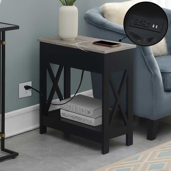 Oxford Faux Birch Black Flip Top End Table with Charging Station and Shelf, image 2