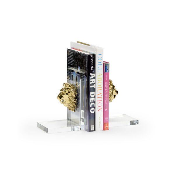 Polished Brass Lion Head Bookends, image 1