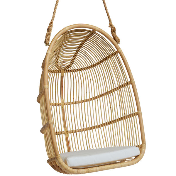 Renoir Natural Rattan Hanging Swing Chair with Tempotest White Canvas Cushion, image 1