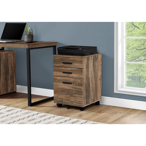 Brown and Black Filing Cabinet with Three Drawers on Castors, image 2