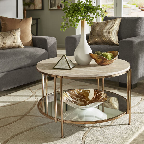 Koga Champagne Gold Cocktail Table with Faux Marble Top and Mirror Bottom, image 6