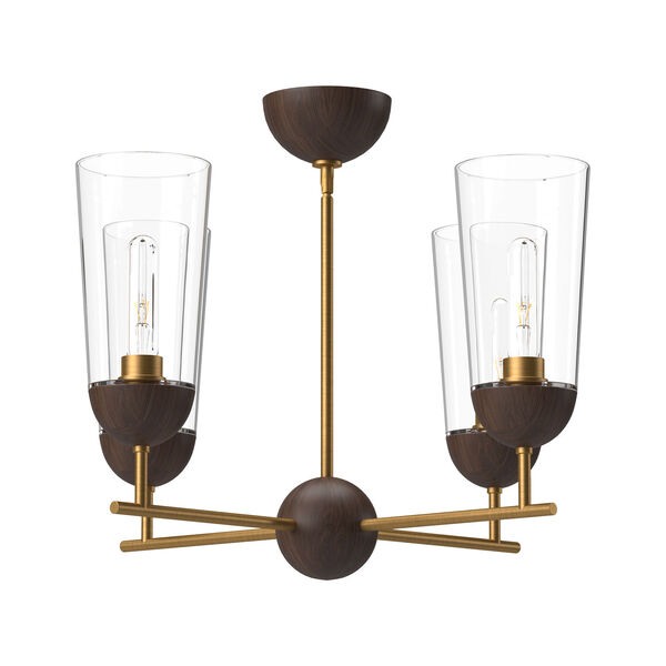 Emil Aged Gold and Walnut Four-Light Chandelier with Clear Glass, image 1
