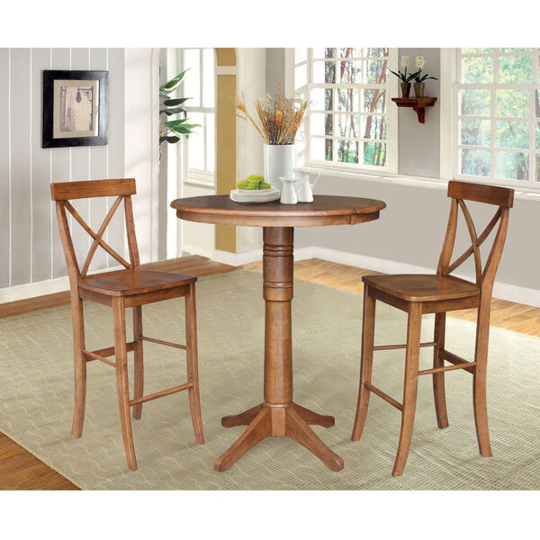 Distressed Oak 42-Inch Round Extension Dining Table with Two X-Back Stool, image 3