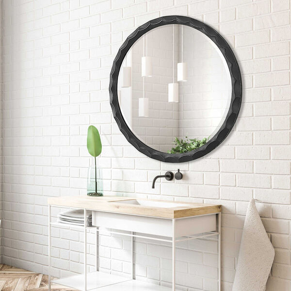 Scalloped Aged Black and Silver Round Wall Mirror, image 3