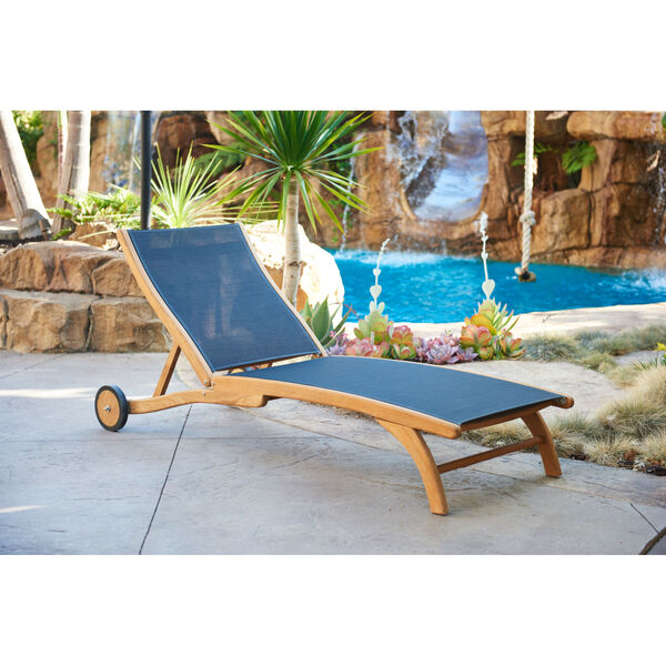 Pearl Blue Teak Outdoor Chaise Lounge with Wheels, image 2