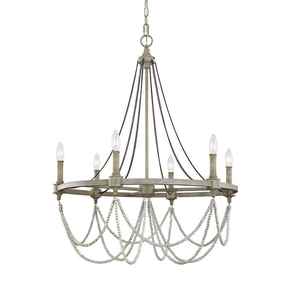 Beverly French Washed Oak and Distressed White Wood Six-Light Chandelier, image 2
