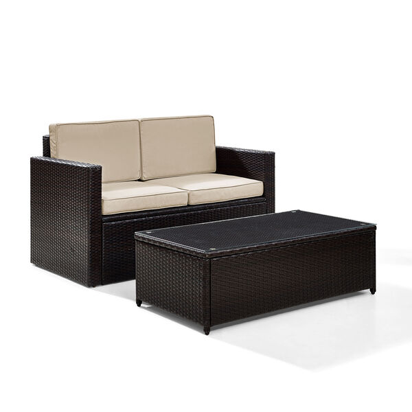 Palm Harbor 2 Piece Outdoor Wicker Seating Set With Sand Cushions - Loveseat and Glass Top Table, image 3