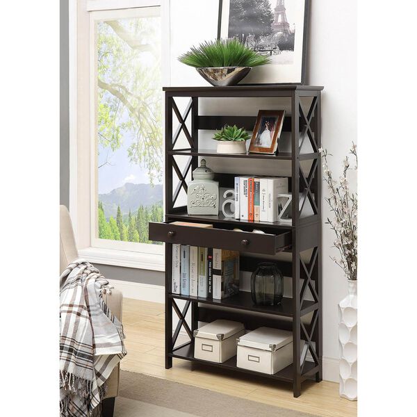 Oxford 5-Tier Bookcase with Drawer, Black, image 1