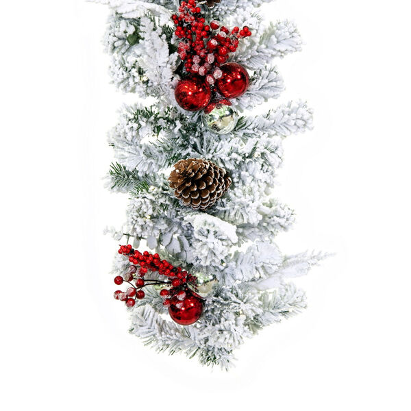 Red 6 Ft. x 16 In. Flocked Artificial Christmas Garland with Battery Operated Pure White LED Lights, image 5
