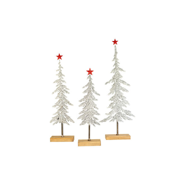 Silver Christmas Trees on Wooden Bases with Red Star, Set of 3, image 1