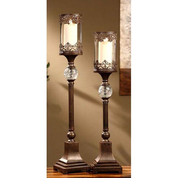 Regency Bronze Filigree and Glass Candleholders, Set of Two, image 1