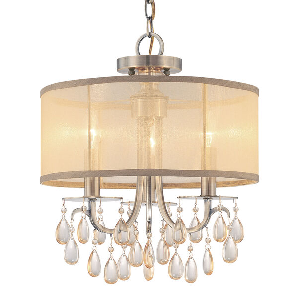 Hampton Antique Brass Three-Light Convertible Chandelier with Etruscan Smooth Oyster Crystal, image 1