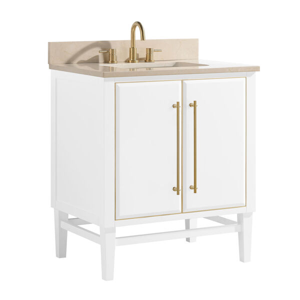 White 31-Inch Bath vanity Set with Gold Trim and Crema Marfil Marble Top, image 2