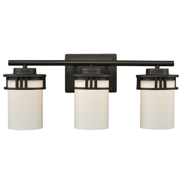 Ravendale Oil Rubbed Bronze Three-Light Bath Vanity with White Glass Shade, image 1