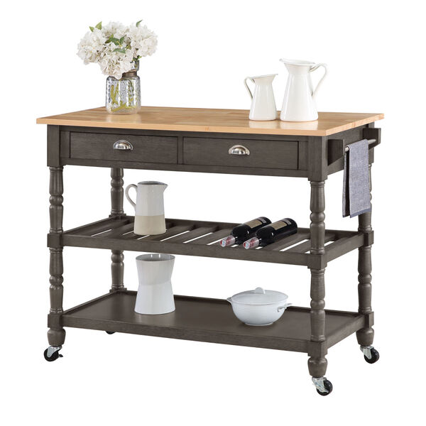 French Country Wirebrush Dark Gray Butcher Block Three-Tier Butcher Block Kitchen Cart with Drawers, image 3