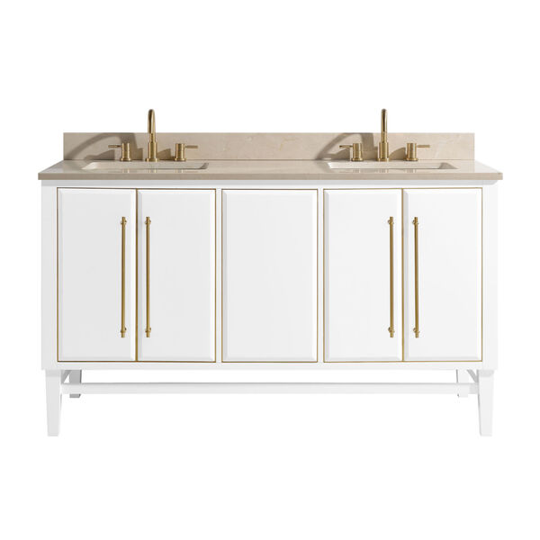 White 61-Inch Bath vanity Set with Gold Trim and Crema Marfil Marble Top, image 1