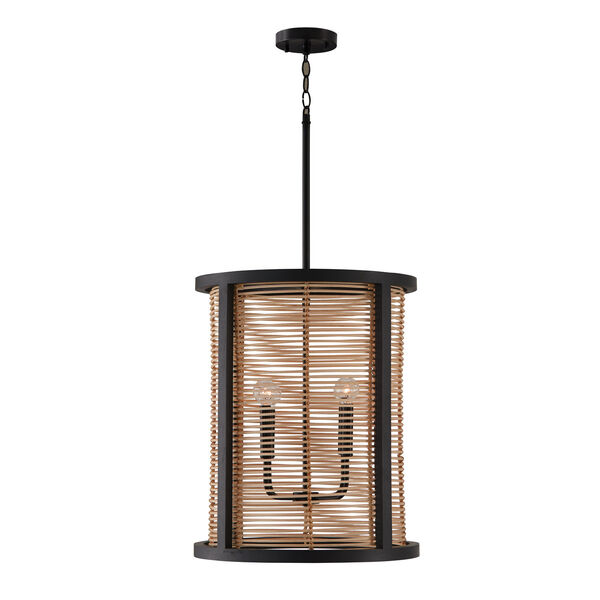 Rico Flat Black Four-Light Chandelier Made with Handcrafted Mango Wood and Rattan, image 1