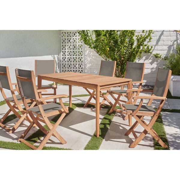 Del Ray Natural Teak Seven-Piece Rectangular Outdoor Dining Set with Taupe Textilene Fabric, image 2