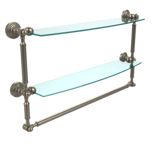 Waverly Place Collection 24 Inch Two Tiered Glass Shelf with Integrated Towel Bar, Antique Pewter, image 1