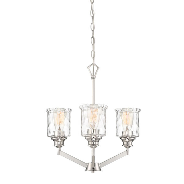 Drake Polished Nickel Three-Light Chandelier with Clear Hammered Glass, image 1