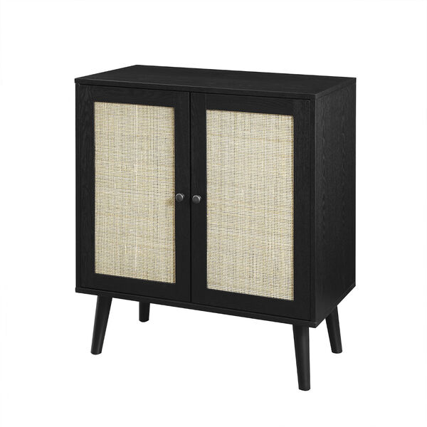 Black Solid Wood and Rattan Accent Cabinet with Two Doors, image 1
