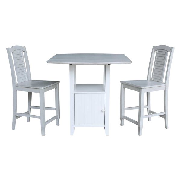 Dual Drop Leaf Antiqued White Chalk  Bistro Table  With Storage and Two Counter Height  Stools, image 1