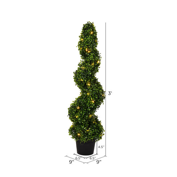 Green 36-Inch Spiral Boxwood Tree in Black Pot with LED Lights, image 2