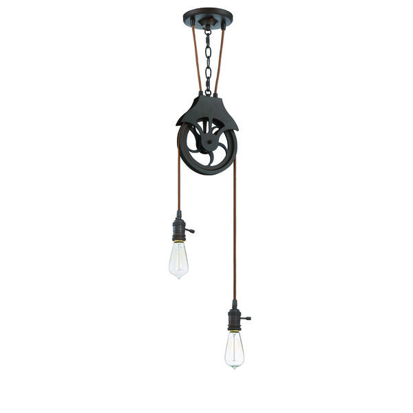 Aged Bronze Brushed Two-Light Pulley Mini Pendant, image 1