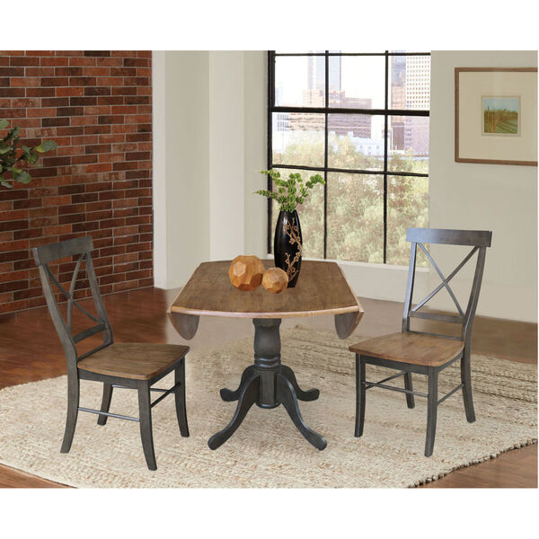 Hickory and Washed Coal 42-Inch Dual Drop leaf Table with X-Back Chairs, Three-Piece, image 6