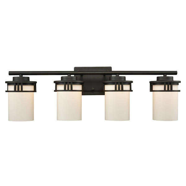 Ravendale Oil Rubbed Bronze Four-Light Bath Vanity with White Glass Shade, image 1