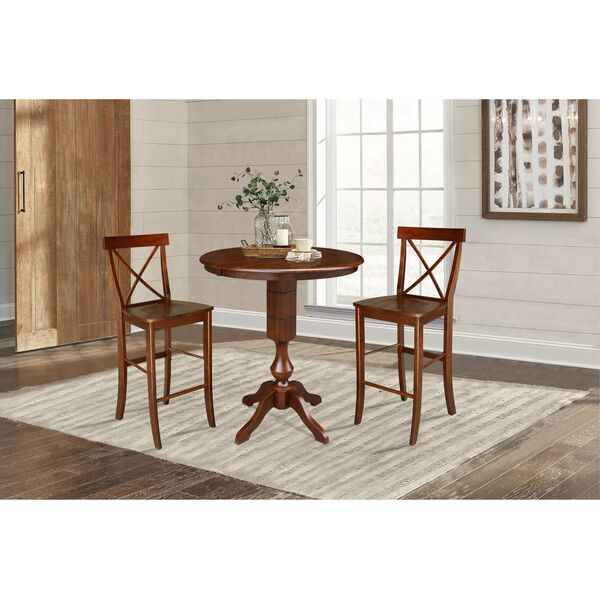 Espresso Round Top Bar Height Table with 12-Inch Leaf and X-Back Stools, 3-Piece, image 2