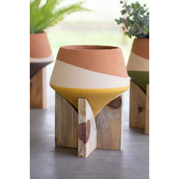 Multicolor Double Dipped Clay Vase on Wood Base, Set of Three, image 2