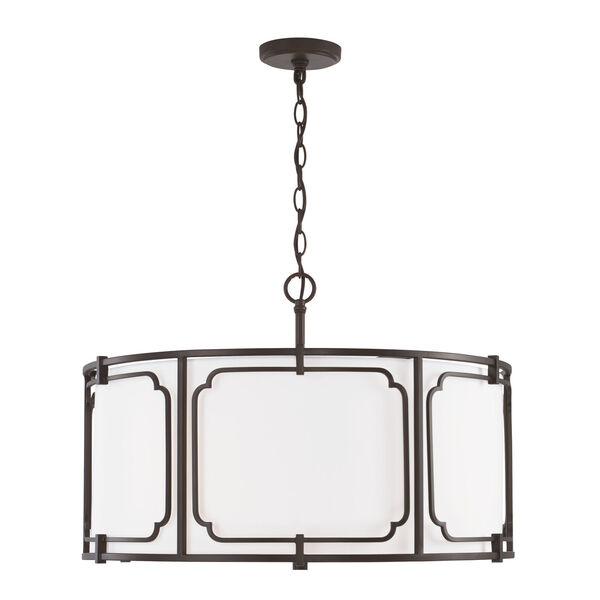 Merrick Old Bronze Four-Light Drum Pendant with White Fabric Shade and Glass Diffuser, image 1