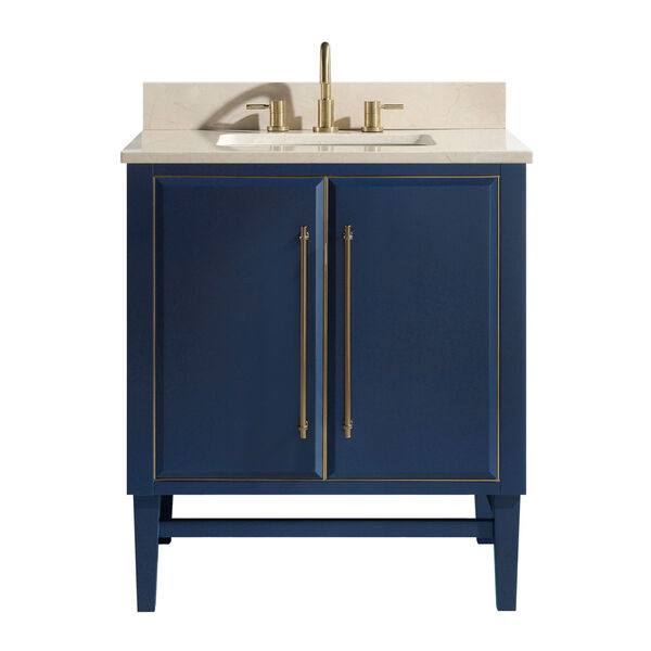 Navy Blue 31-Inch Bath vanity Set with Gold Trim and Crema Marfil Marble Top, image 1