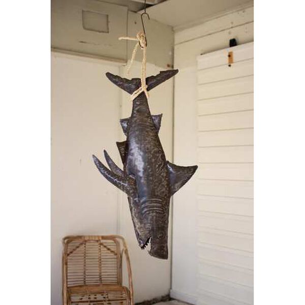 Black Recycled Hand Hammered 3D Shark with Sisal Rope, image 1