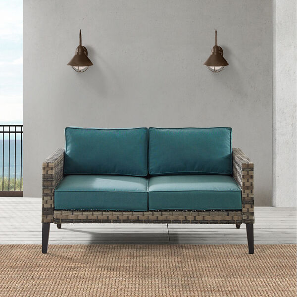 Prescott Mineral Blue and Brown Outdoor Wicker Loveseat, image 1