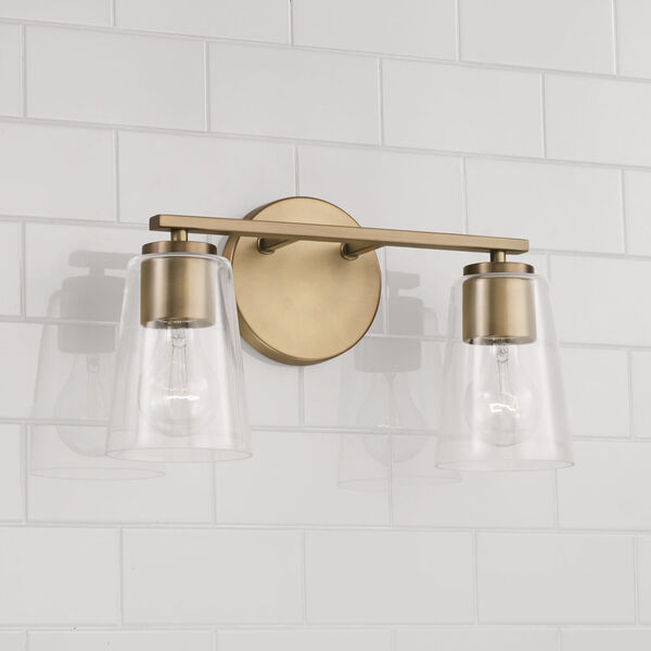 Portman Aged Brass Two-Light Bath Vanity with Clear Glass, image 3