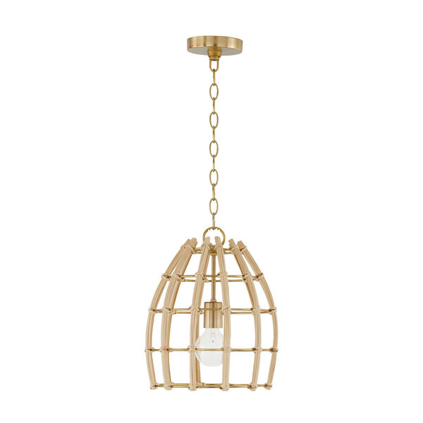 Wren Matte Brass One-Light Pendant Made with Handcrafted Rattan, image 1