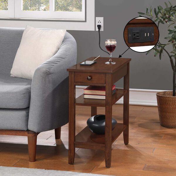 Brown American Heritage One Drawer Chairside End Table with Charging Station and Shelves, image 7
