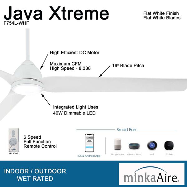 Java Xtreme Flat White 84-Inch Integrated LED Outdoor Ceiling Fan with Wi-Fi, image 4