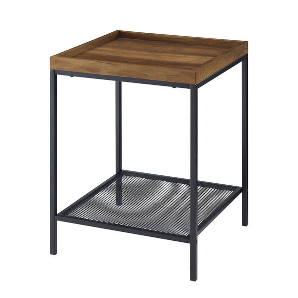 18-Inch Rustic Oak Square Tray Side Table with Mesh Metal Shelf, image 4