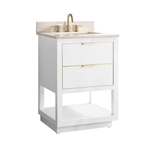 White 25-Inch Bath vanity with Gold Trim and Crema Marfil Marble Top, image 2