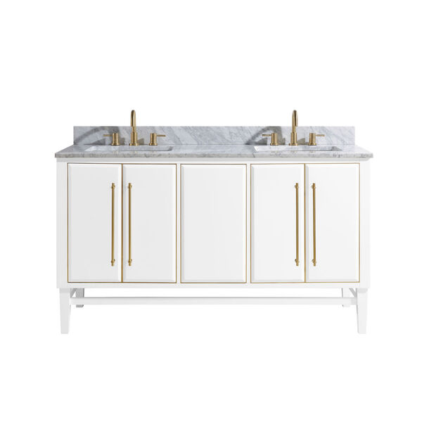 White 61-Inch Bath vanity Set with Gold Trim and Carrara White Marble Top, image 1